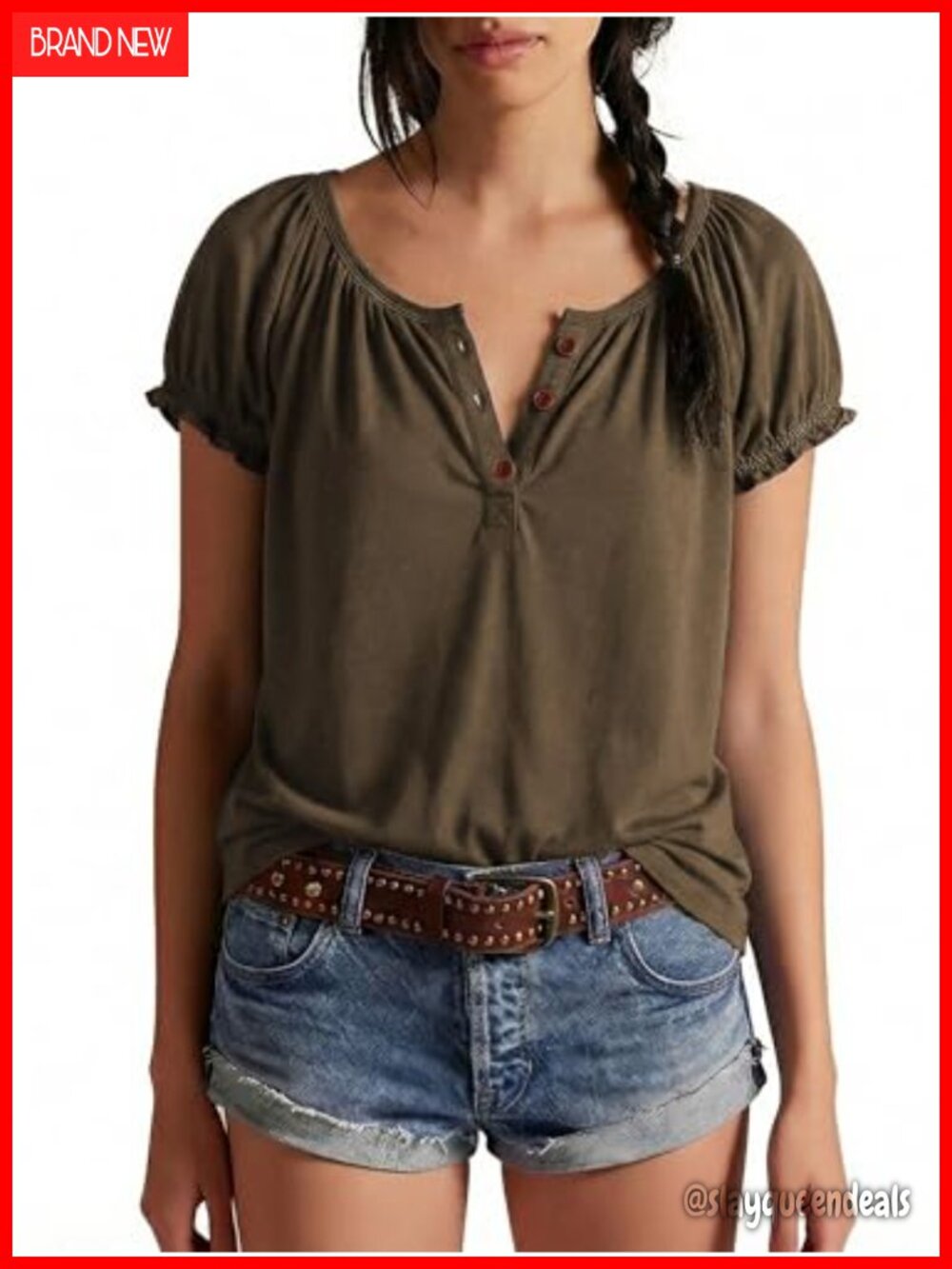 Puff Sleeve Henley Blouse - Loose Fit Short Sleeve Tee with Ruffle Cuff - Picture 4 of 6